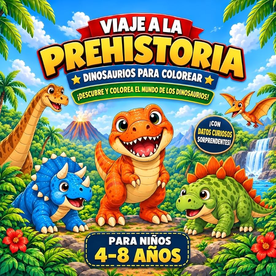 Viaje a la Prehistoria, libro de dinosaurios para colorear